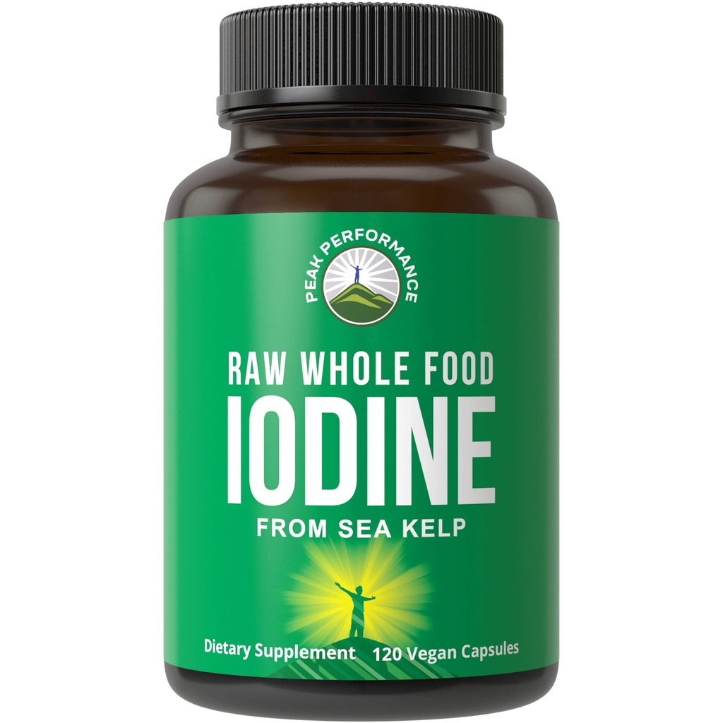 Rå fuldfoder jod supplement fra organisk kelp (Ascophyllum Nodosum) ved Peak Performance. Kaliumjodidstøttetabletter til stofskifte, energi og immunforsvar. 120 Veganske kapsler, piller.
