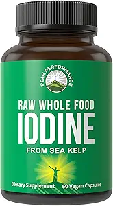 Rå fuldfoder jod supplement fra organisk kelp (Ascophyllum Nodosum) ved Peak Performance. Kaliumjodidstøttetabletter til stofskifte, energi og immunforsvar. 120 Veganske kapsler, piller.