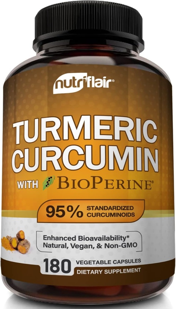 NutriFlair Gurkemeje med BioPerine - 1300mg, 180 Kapsler - 95% Standardiserede Curcuminoider Gurkemeje Supplement Uddrag med sort peber for Optimal Absorption - 180 Kapsler