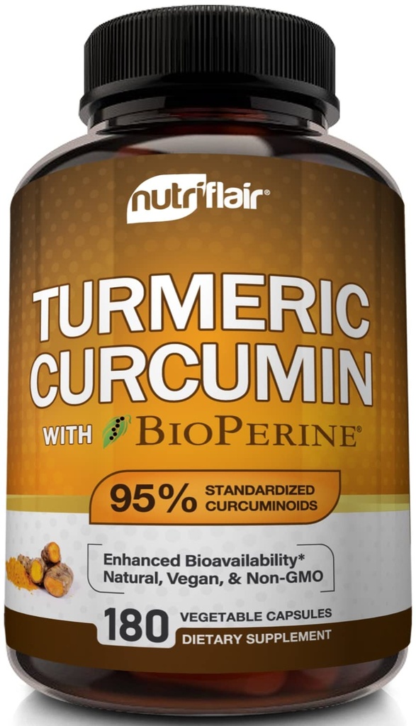 NutriFlair Gurkemeje med BioPerine - 1300mg, 180 Kapsler - 95% Standardiserede Curcuminoider Gurkemeje Supplement Uddrag med sort peber for Optimal Absorption - 180 Kapsler