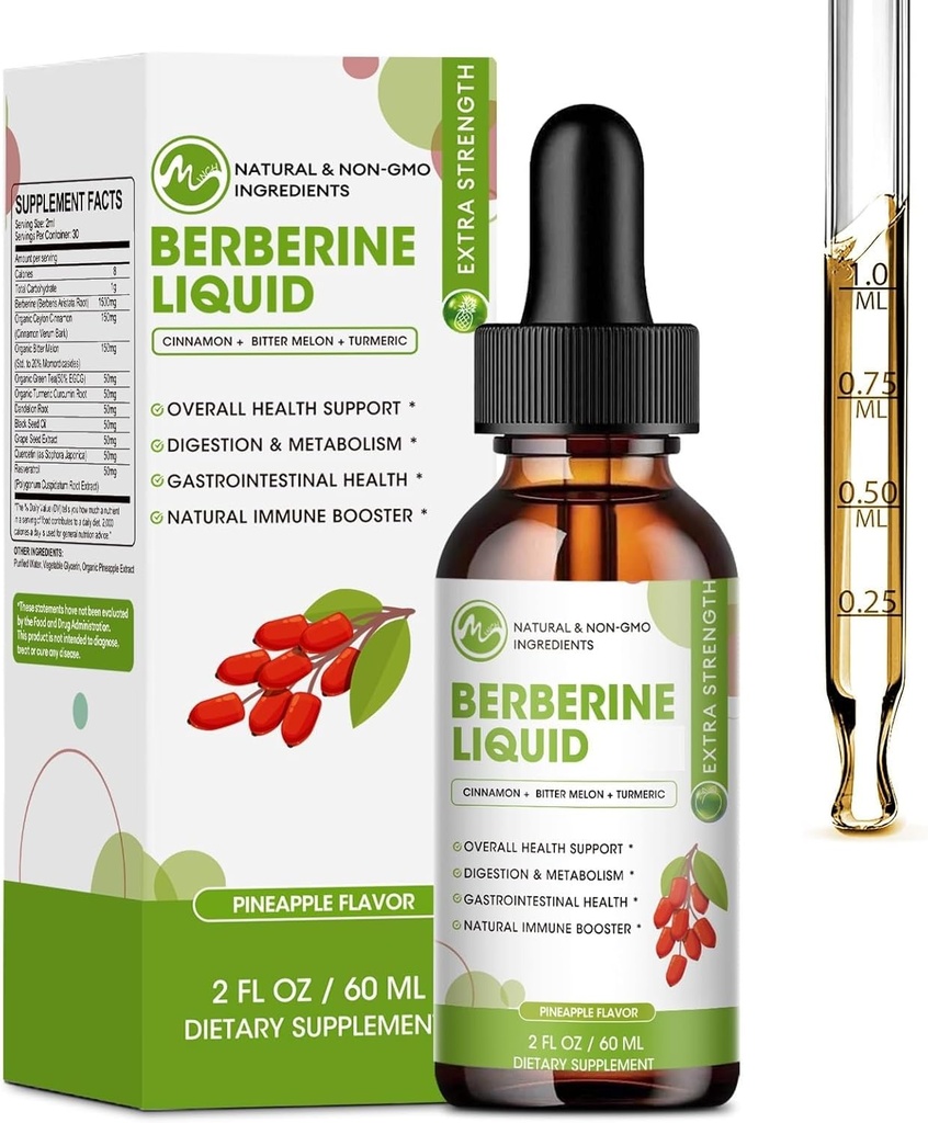 Berberine supplement flydende dråber, Berberine med Ceylon kanel, gurkemeje, Resveratrol, Bitter Melon, & More- Extra Strength Vegan supplement, understøtter immunsystem & fordøjelsessystem