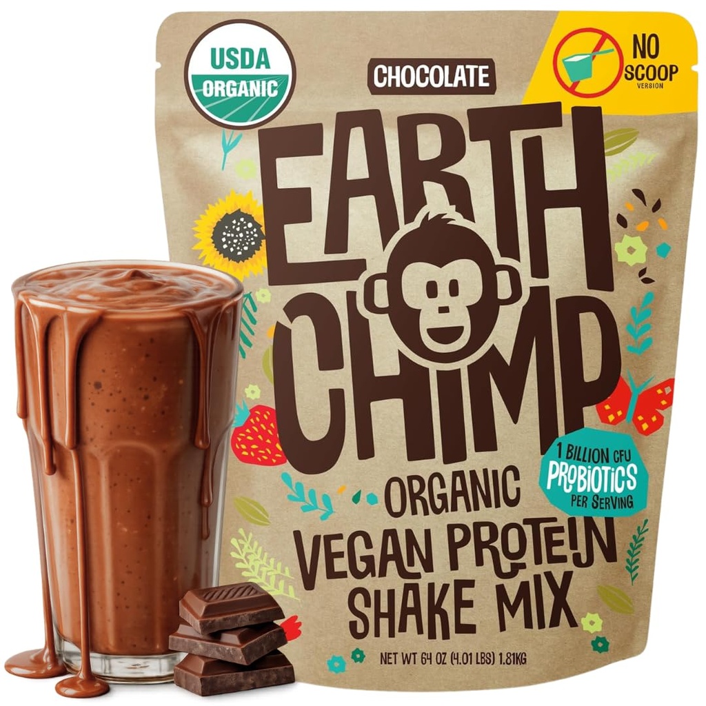 EarthChimp Organic Vegan Protein Powder - med Probiotika - Ikke GMO, Dairy Free, Non Whey, Plant Based Protein Powder for Women and Men, Gluten Free - 52 Servering 64 Oz (Chokolade) Ingen Scoop