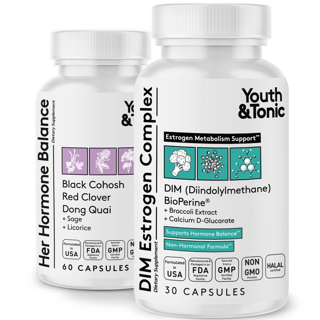 Youth & Tonic Menopause & PMS Støtte til kvinder gennem Balanceret Østrogen Metabolisme - 90 piller med DIM Black Cohosh Red Clover Dong Quai Soy Isoflavoner