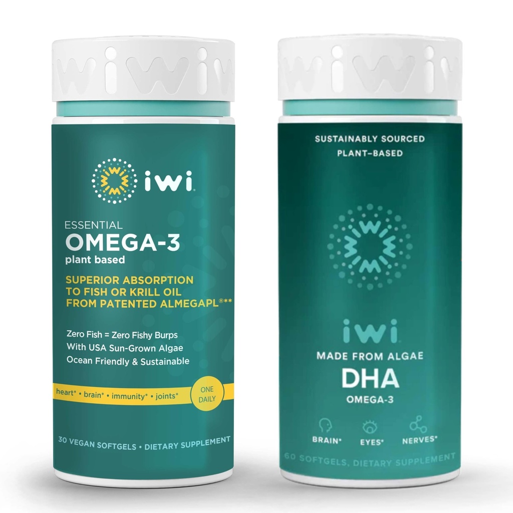 Iwi Omega-3 Essential & DHA Omega-3 Bundle, 30 Servere, Vegan Plant-baseret Alger Omega 3, Krill & Fish Oil Alternative, Ingen Fishy Aftersmage