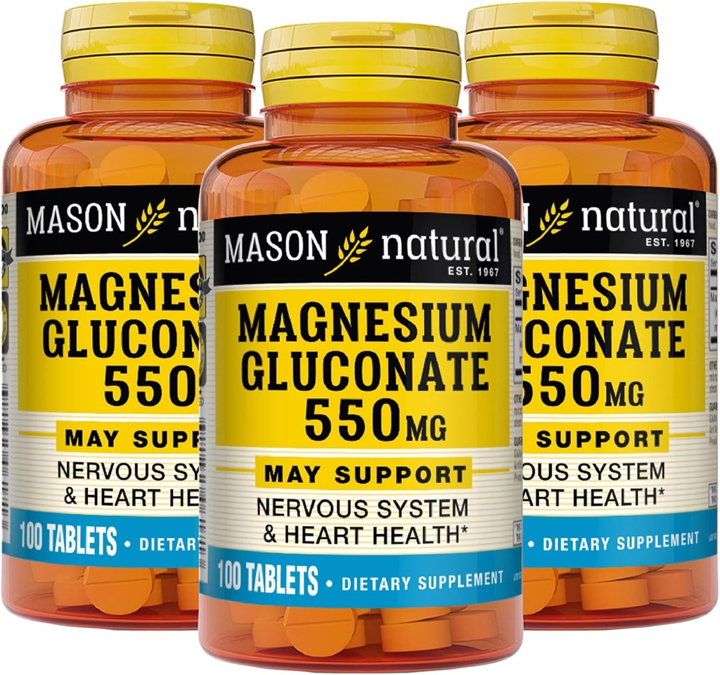 Mason Natural Magnesium Gluconate 550 mg, 300 dages forsyning til Normal Sund Hjerte og Nervesystemet Support, 100 tabletter (pakke med 3)