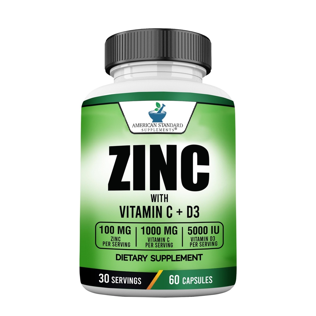 American Standard Kosttilskud Zink 100mg, vitamin C 1000mg, og vitamin D3 5000 IE (125mcg) Per Servering - Gluten Free, Non- GMO, 60 kapsler, 30 Servere