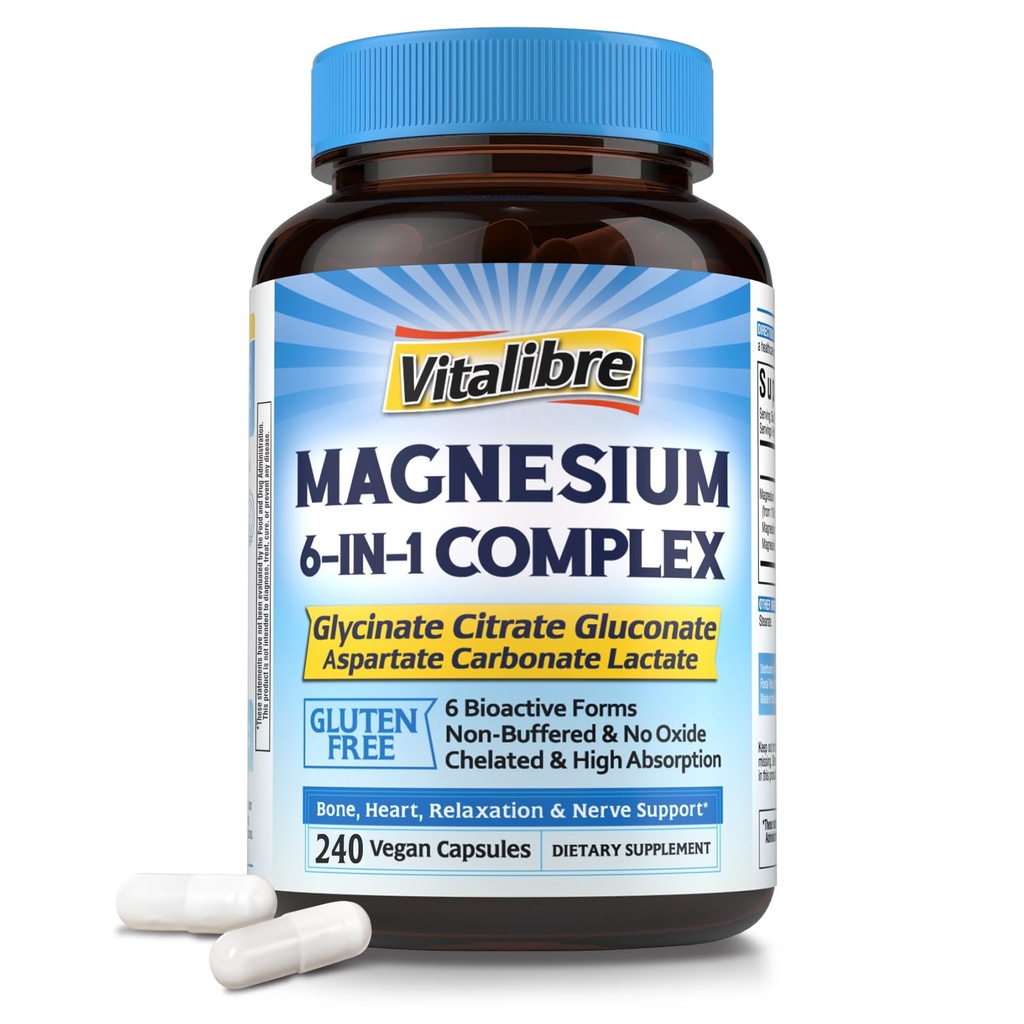 Magnesiumkompleks Supplement 6 i 1, 1160mg Chelated Magnesium for Max Absorption, Hjælp med bedre søvn, Afslapning & Nerve Calm, 240 Vegankapsler, Non GMO & Gluten Free