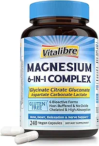 Magnesiumkompleks Supplement 6 i 1, 1160mg Chelated Magnesium for Max Absorption, Hjælp med bedre søvn, Afslapning & Nerve Calm, 240 Vegankapsler, Non GMO & Gluten Free