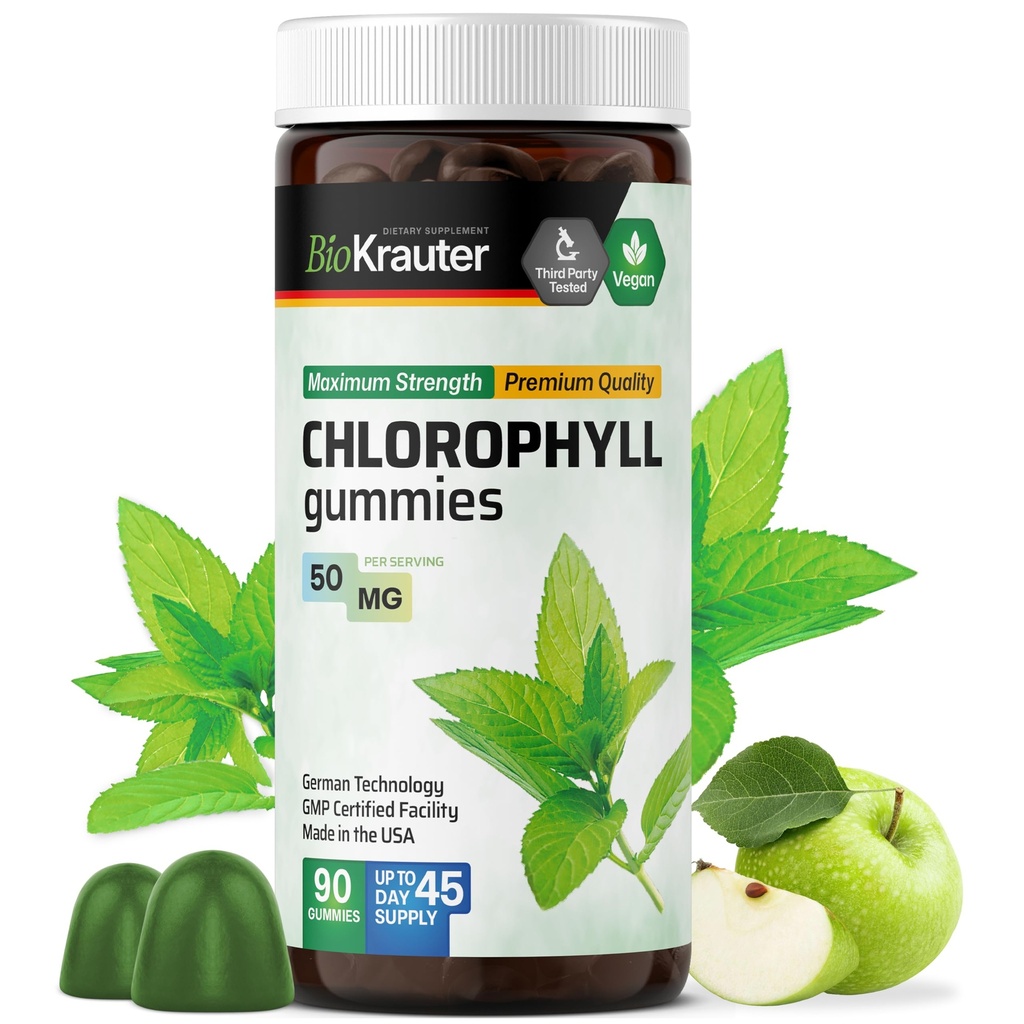 BIO KRAUTER Chlorophyll Gummies - 90 Chews - Chlorophyll Kosttilskud - Natural Skin & Detox Support - Vegan, Pectin baseret, ikke-GMO 'er Chews