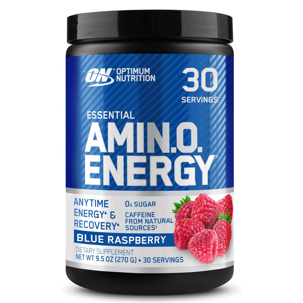 Optimum Nutrition Amino Energy - Pre Workout med grøn te, BCAA, Aminosyrer, Keto Friendly, Green Coffee Extract, Energy Powder - Blå Hindbær, 30 Servering (Packaging May Vary)