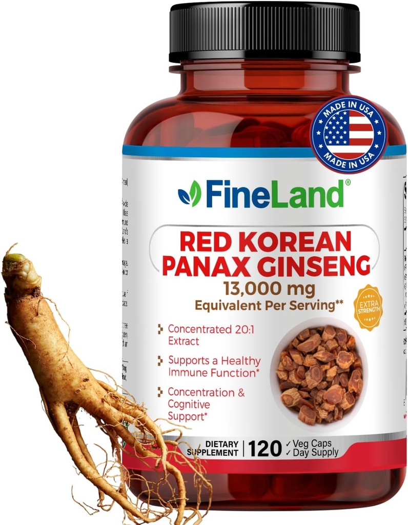 FineLand Red Koreansk Panax Ginseng 13. 000 mg - Max Strength 20: 1 Extract - Koncentreret immunforsvar og kognitiv støtte supplement til mænd og kvinder - 120 Veggie kapsler