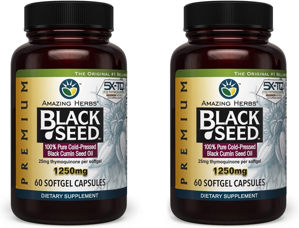 Amazing Herbs Premium Black Seed Oil Capsules - High Potency, Cold Pressed Nigella Sativa Aids in fordøjelsessygdomme, immunforsvar & hjernefunktion - 60 greve, 1250mg (pakke med 2)
