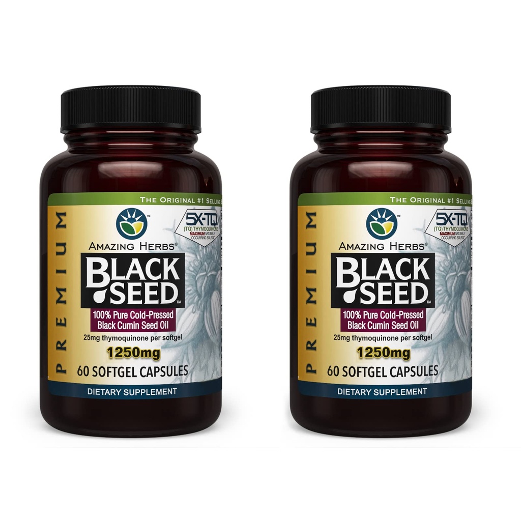 Amazing Herbs Premium Black Seed Oil Capsules - High Potency, Cold Pressed Nigella Sativa Aids in fordøjelsessygdomme, immunforsvar & hjernefunktion - 60 greve, 1250mg (pakke med 2)