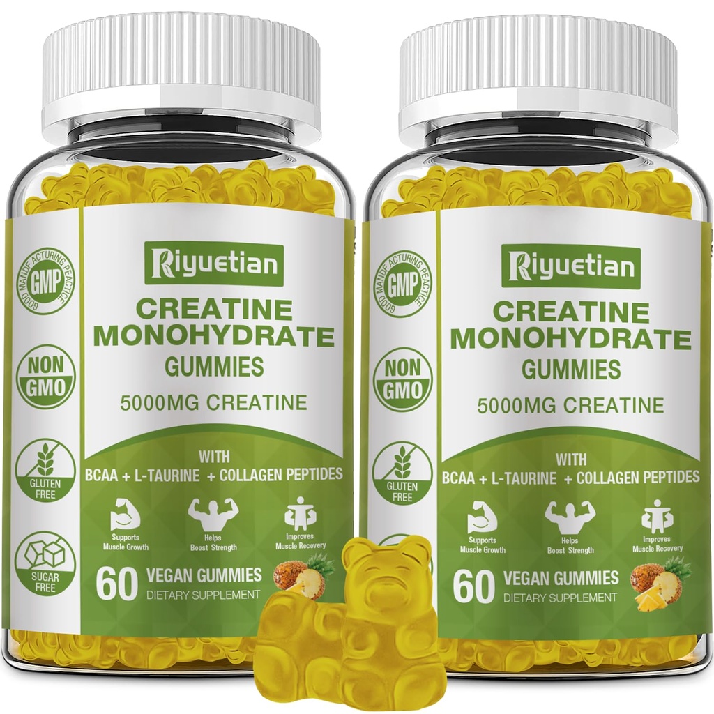 Creatin Monohydrate Gummies, Creatin for mænd og kvinder, Chewable Creatin for Enhancing Focus and Endurance, 5g Creatin per Serving, Sugar- Free, 120 Greve
