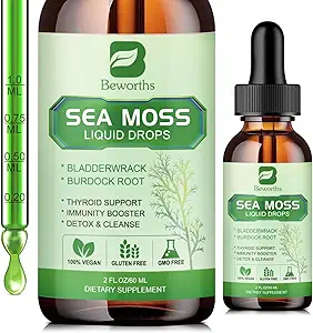 Sea Moss Liquid Drops - Organic Irish Sea Moss Gel med Spirulina, Bladderwrack, Burdock Root, Seamoss Gel tillæg til fælles, Detox Cleanse & fordøjelsesstøtte - 2 Fl Oz, Vegan