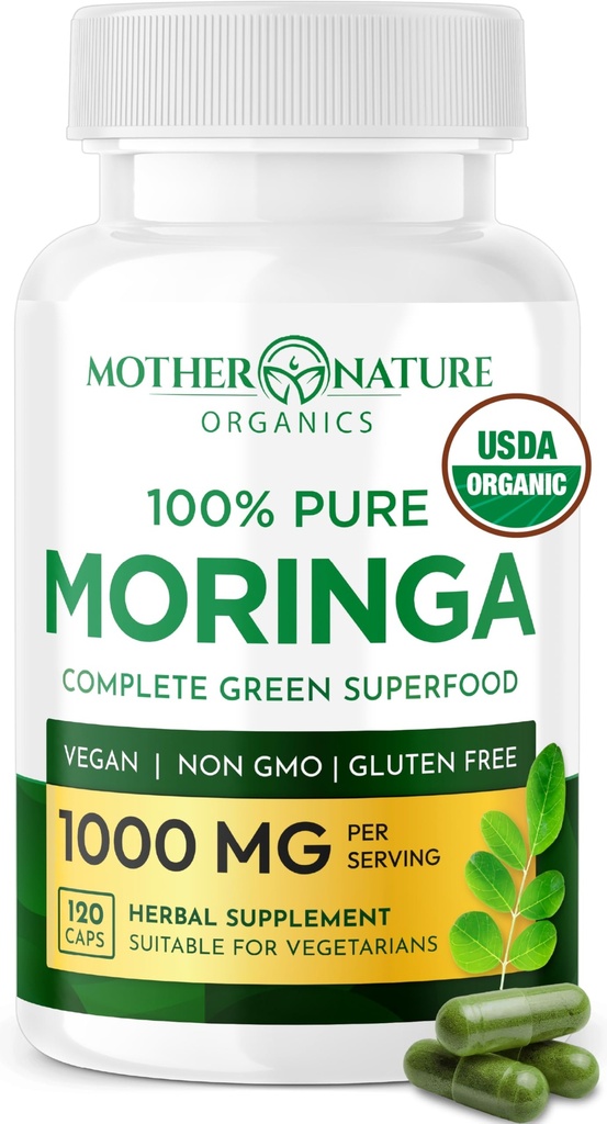Nature Organics Moringa Kapsler - Organic Moringa Leaf Powder, Enkelt Oprindelse, Energi & Immunstøtte, Metabolisme, Fokus, C-vitamin, 500 mg, 120 Kapsler
