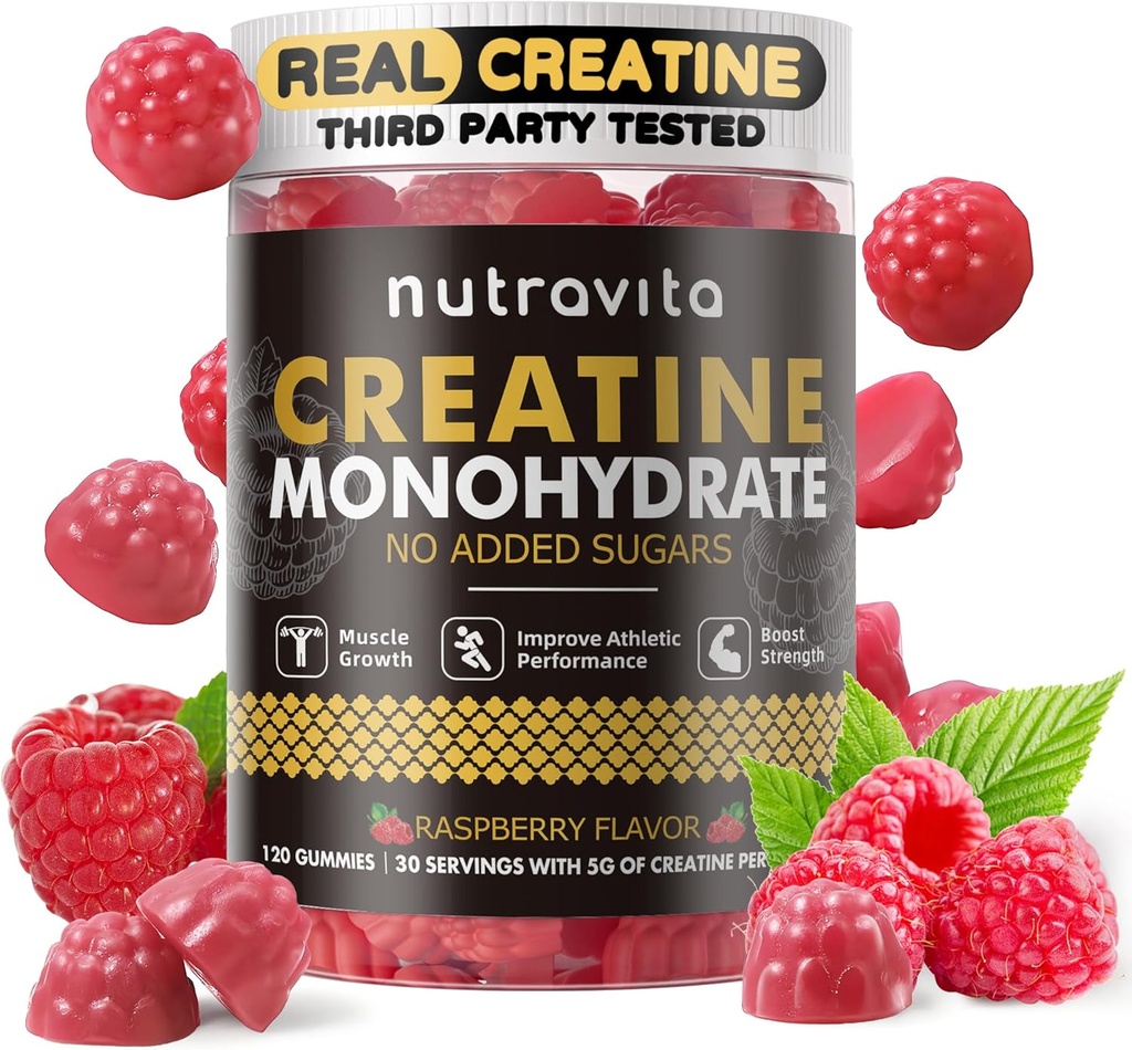 Nutravita Creatinine Monohydrate Gummies for Mænd & Women- 5g Creatinine Monohydrat per servering - Sukker fri, Vegan, Raspberry Flavor, 120 Greve