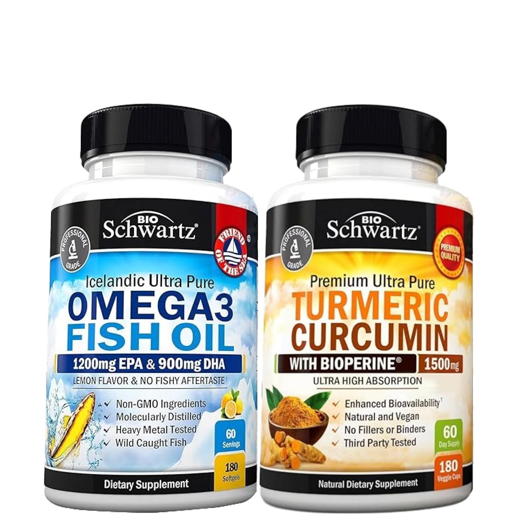 Triple Strength Omega 3 Fish Oil Softgels (2 Month Supply) Plus Gurkemeje med Sort Pepper Extract 1500mg Complex (2 Month Supply)