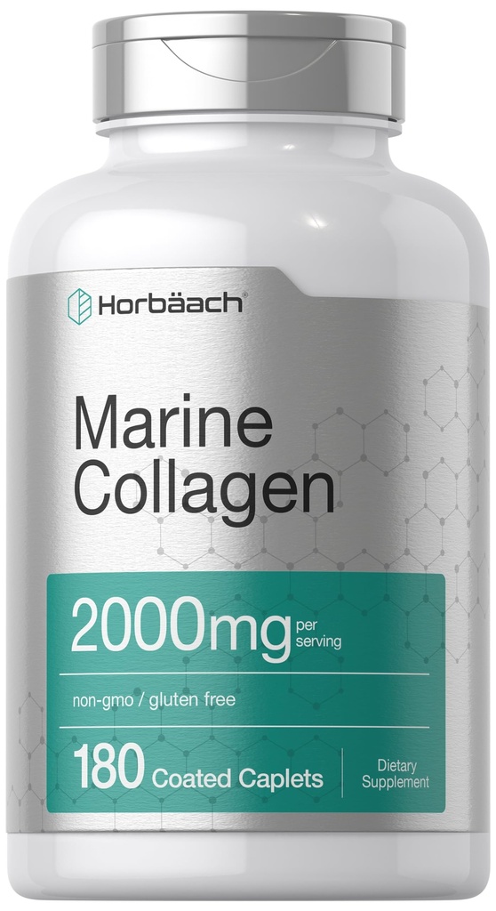 Horbäach Marine Collagen Peptider 2000mg • 124; 180 Caplet Kapsler • 124; Type 1 med Calcium • 124; Non- GMO, Gluten Free Supplement