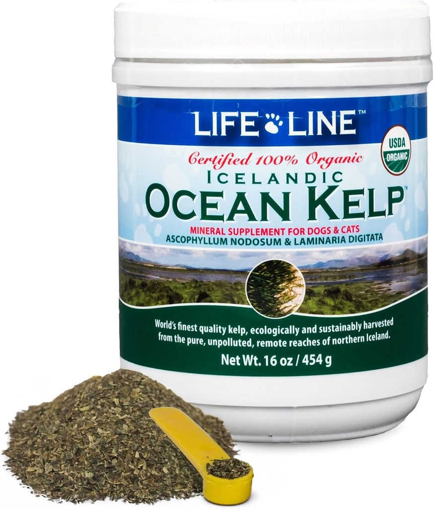 Life Line USDA Certified Organic Ocean Kelp for Kæledyr & Livestock Note 124; Understøtter hud & Coat sundhed, immunfunktion, og dental Hygiene Note 124; fremmer Metabolisme & Reduces Plaque og Shedding - 16 oz