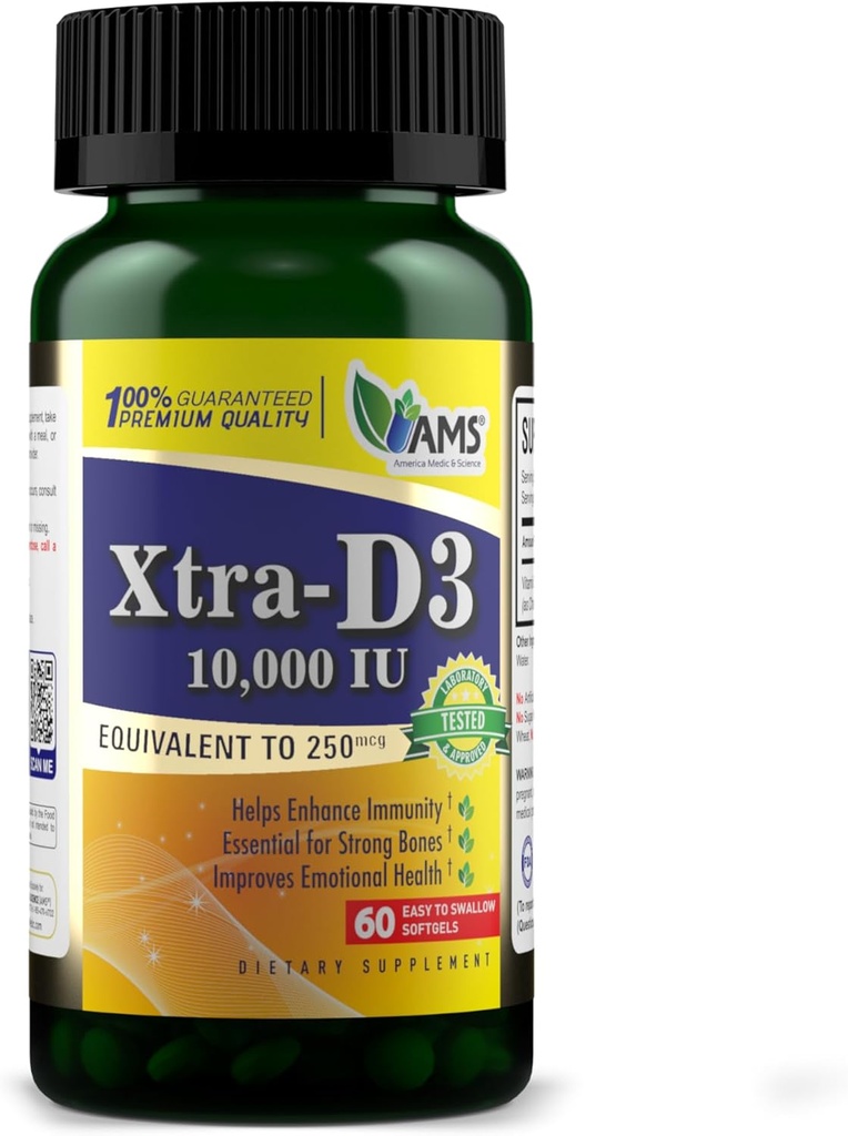 Amerika Medic & Science Xtra D3 Vitamin D 10.000 IE (250 mcg) Cholecalciferol supplement til mænd og kvinder (60 let at synke softels) Bedste for ben, hjerte sundhed, immunsystemet støtte, Lung funktion