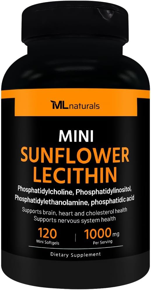 ML Naturals Mini Sunflower Lecithin 1000 mg 120 Softgels, Let at synke, understøtter hjerne sundhed. Non- GMO, NSF- Certified & cGMP- Compliant