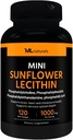 ML Naturals Mini Sunflower Lecithin 1000 mg 120 Softgels, Let at synke, understøtter hjerne sundhed. Non- GMO, NSF- Certified & cGMP- Compliant