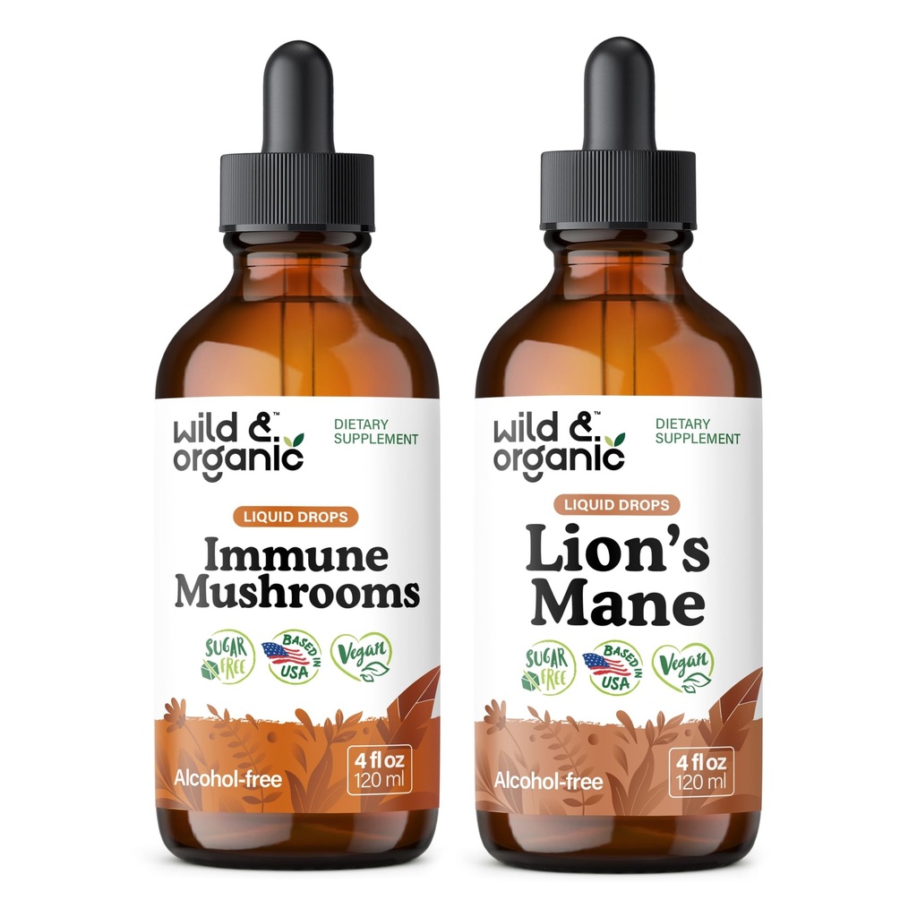 Wild & Organic immunsvamp Tinktur 4 fl oz & Lions Mane Tinktur 4 fl oz