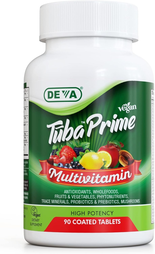 DEVA Tuba Prime Vegan Multivitamin - høj- potens Vitamin og mineralsk kost supplement - Antioxidanter, Frugt og Grøntsager Blend, Super svampe, Probiotika, Prebiotika, Frø, Urter - 90 tabletter