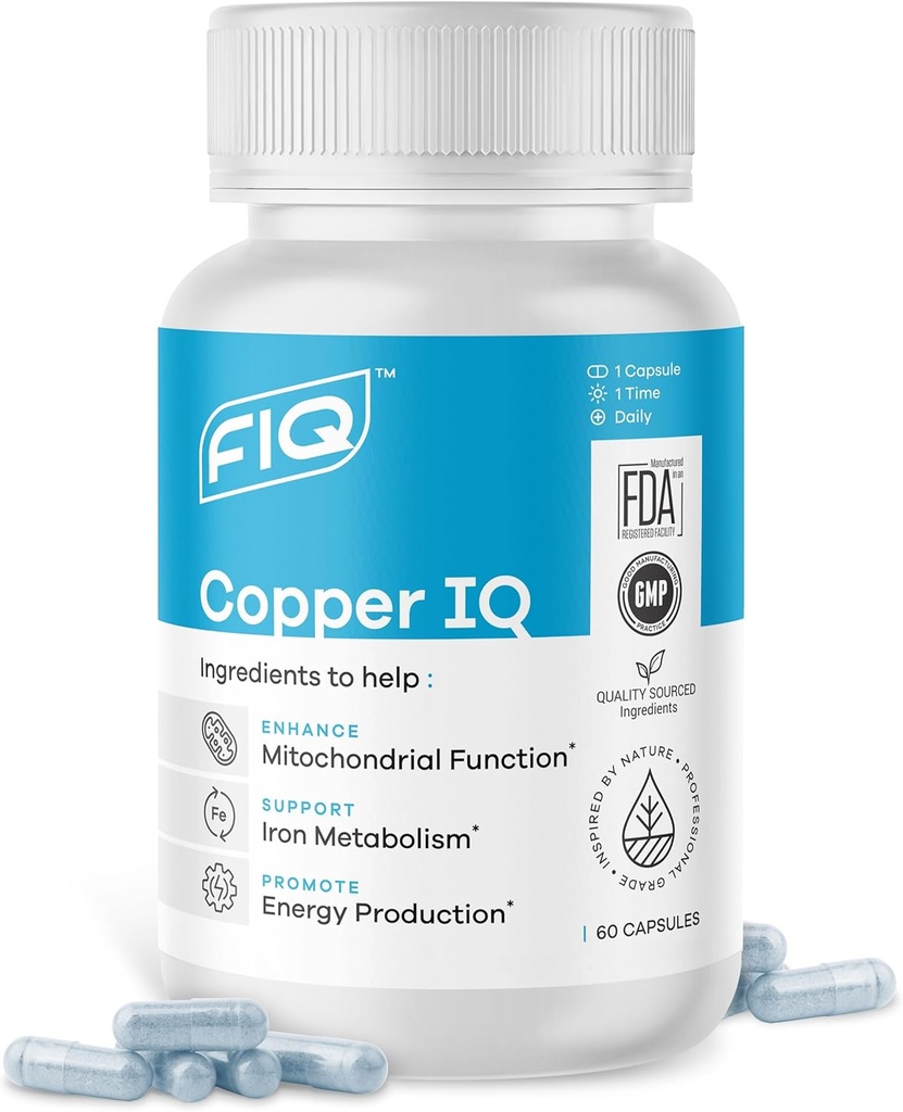 FIQ - Kobber IQ - Kobber Kosttilskud med kobber Bisglycinate - Energistøtte & Mitokondriel Support - Chelated Kobber, Høj Absorption - 60 kapsler