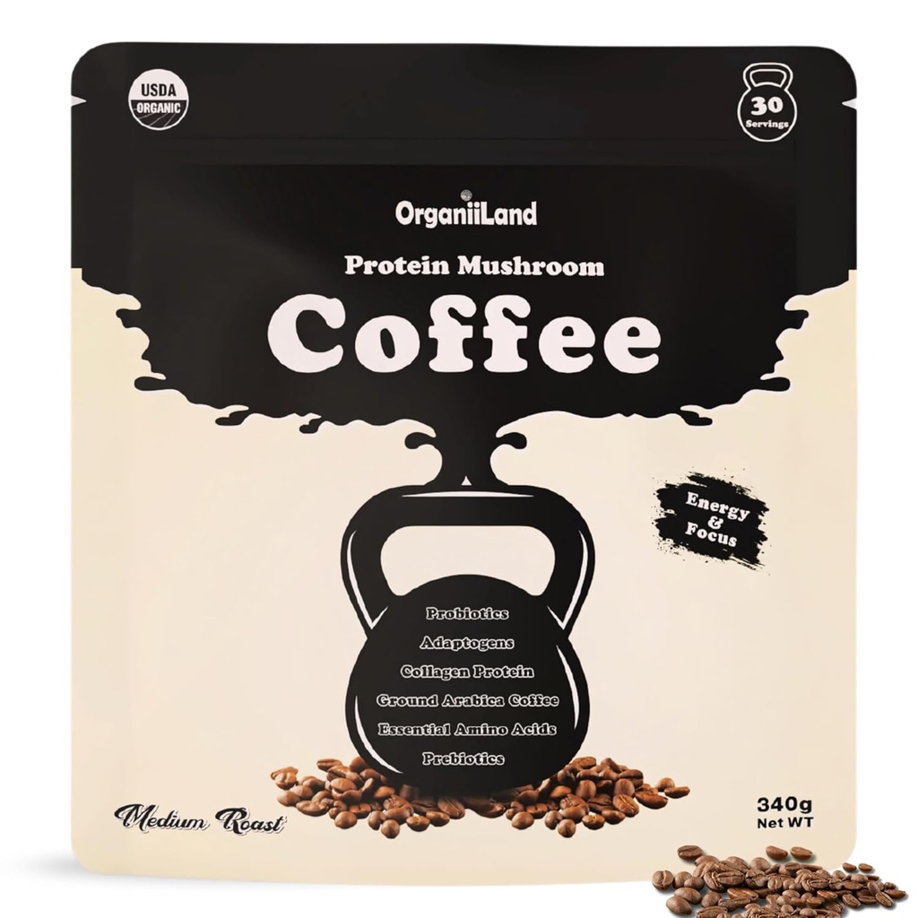 Protein Mushroom kaffe fra OrganiiLand, 124; jorden kaffe med Collagen, Lion 's Mane, Chaga, Tyrkiet Hale, Reishi, Maitake, L-Theanine Budd124; Fokus, energi, Immunitet, og fordøjelsesbesvær