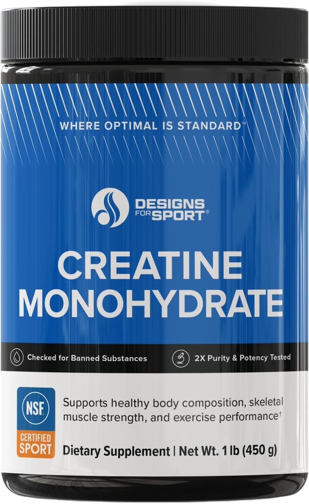 Designs for Sport Creatine Monohydrate Powder - NSF Certified for Sport Creatine Supplement to Support Muscle Recovery, Pre + Post Workout Strength and Energy (1 lb / 90 Servings)