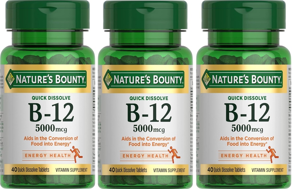Nature 's Bounty Vitamin B- 12 5000 mcg, 40 Quick Opløs tabletter (pakke med 3)