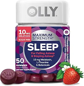 OLLY Max Strength Sleep Gummy, 10mg Melatonin, L- Theanin, Kamille, Lemon Balm, Sugar Free, Vegetar Sleep Aid, Jordbær - 50 Greve