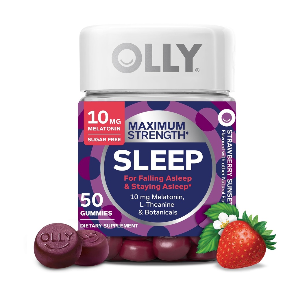 OLLY Max Strength Sleep Gummy, 10mg Melatonin, L- Theanin, Kamille, Lemon Balm, Sugar Free, Vegetar Sleep Aid, Jordbær - 50 Greve
