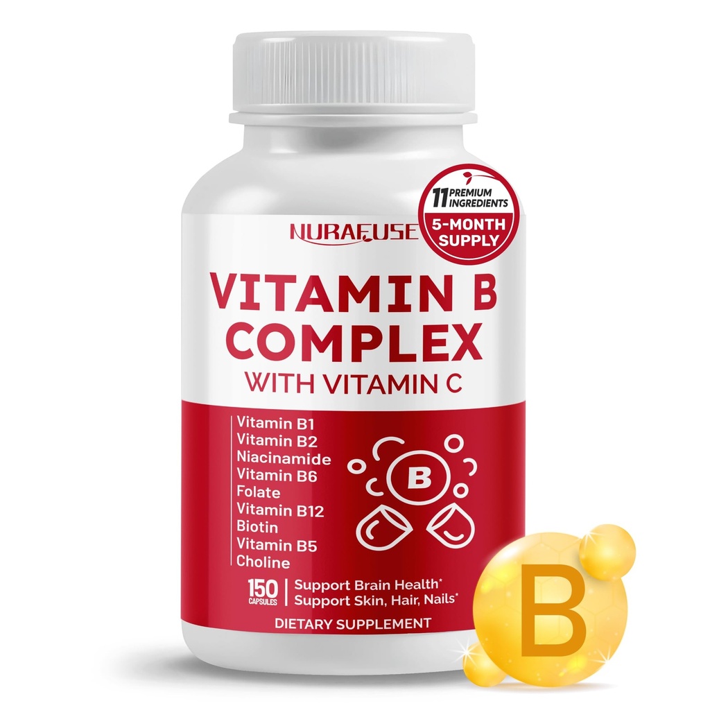 Vitamin B Complex vitamin B1, B2, 6,9,12 Niacin, med C-vitamin - Support Brain Health, energiniveauer, hud, hår og negle - Made and Testede i USA