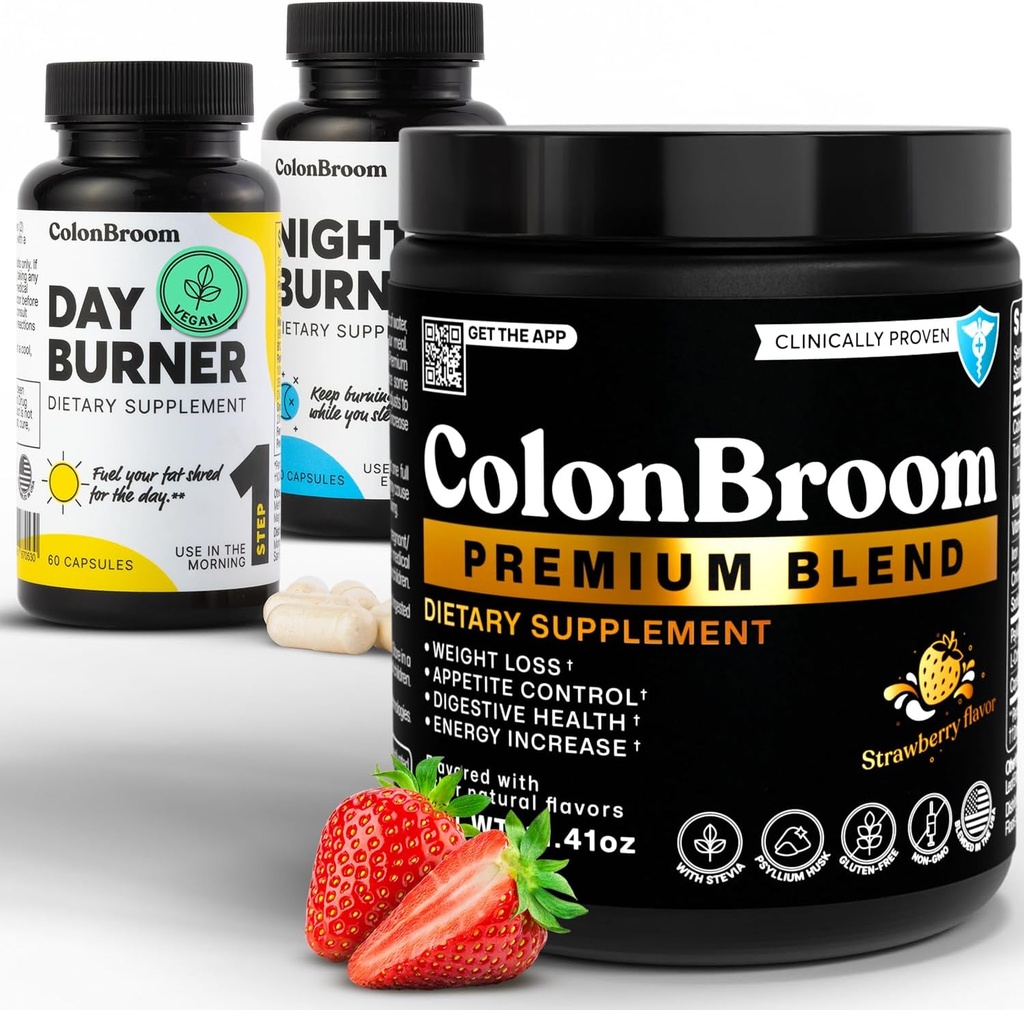 ColonBroom Premium Psyllium Husk pulver, Colon Broom Colon Cleanser Fiber supplement til Bloating Relief & Gut Sundhed + dag & nat brænder Kosttilskud, Vægt Management piller (60 Servere), 3 elementer
