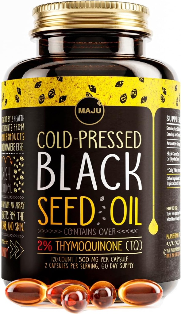 Maju Superfoods Black Seed Oil Capsules, Strong Cold Pressed, 2% Thymoquinone, 100% Turkish Black Cumin Nigella Sativa Seed Oil, Organic BSO, Flydende Blackseed, 120 Greve, 500mg per kapsel