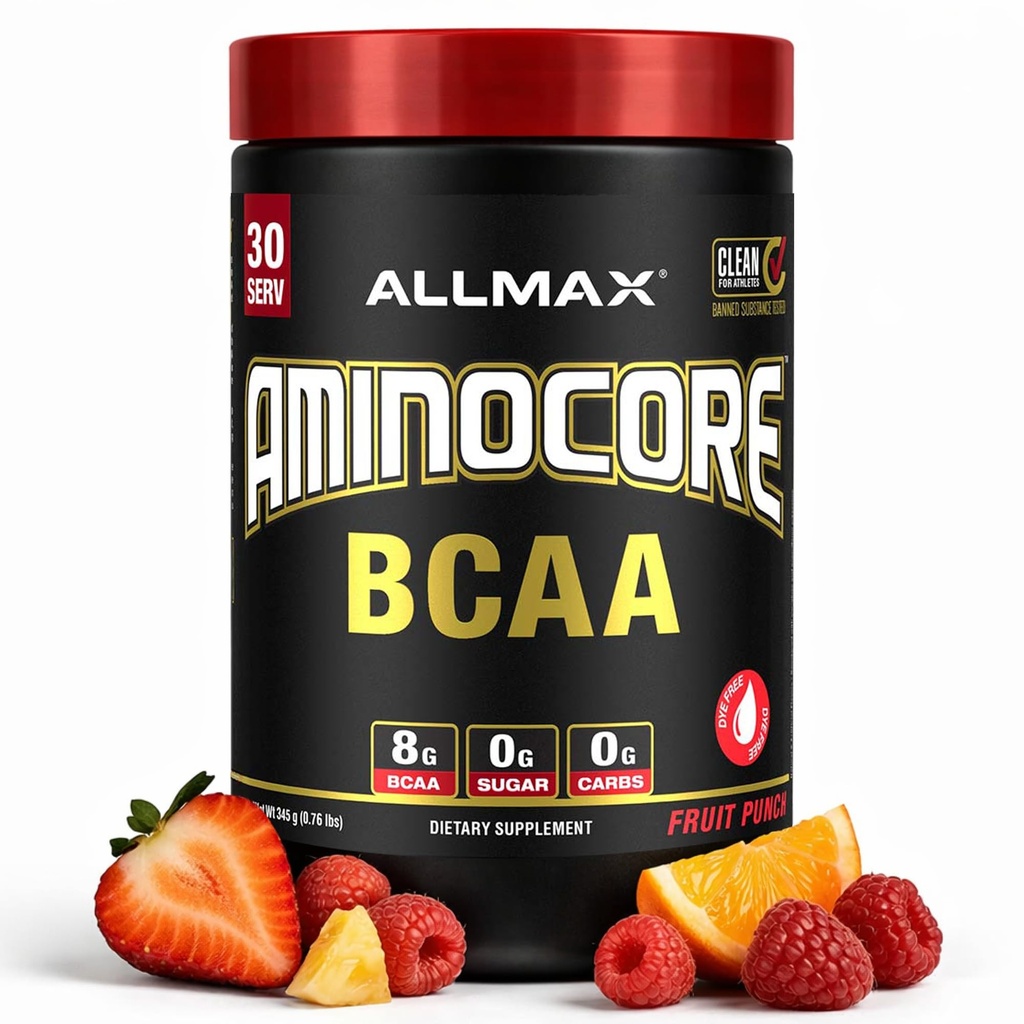 ALLMAX Nutrition AMINOCORE BCAA Powder, 8.18 Bedste Aminosyrer, Intra og Post Workout Inddrivelse Drik, Gluten Free, Fruit Punch, 315 g