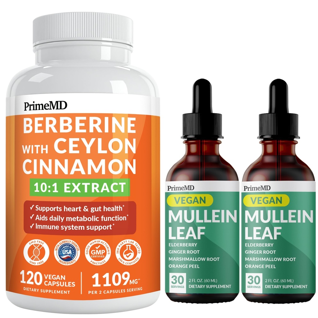 21- in-1 Berberine tillæg med Ceylon Cinnamel Chrom, Bitter Melon og Green Tea Extract (120 ct) & 5- in-1 Mullein Drops til Lungs og Respiratory Lung Health & Bronchial Support (60 Servere)