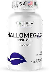 Omega 3 Fish Oil 1000mg - EPA 180 mg DHA 120mg - Omega 3 Fedtsyrer tillæg - hjerte, øje & fælles støtte - 60 Softgels - Hallusa Natural