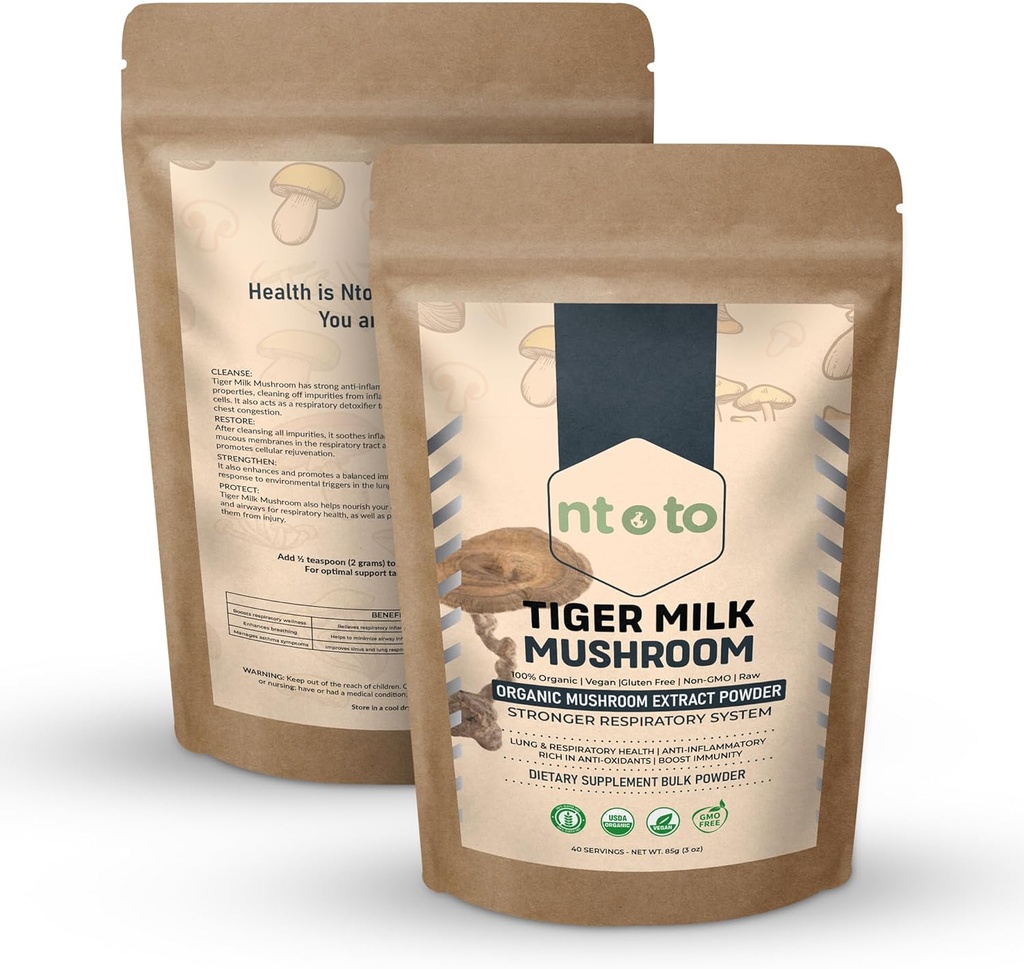 Tiger Milk Mushroom Supplement (Lignosus Rhinocerus) 3oz (85g) Beeg 124; Understøtter Lungs & Respiratory Health - Herbal Extract - Non- GMO, Vegan, Økologisk Beeg 124; 40 Servere