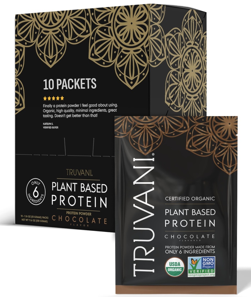 Truvani Vegan Pea Protein Powder 124; Chokolade og mælkefri 124; 20g Organic Plant Based Proteine 124; Single Serving Travel Packets