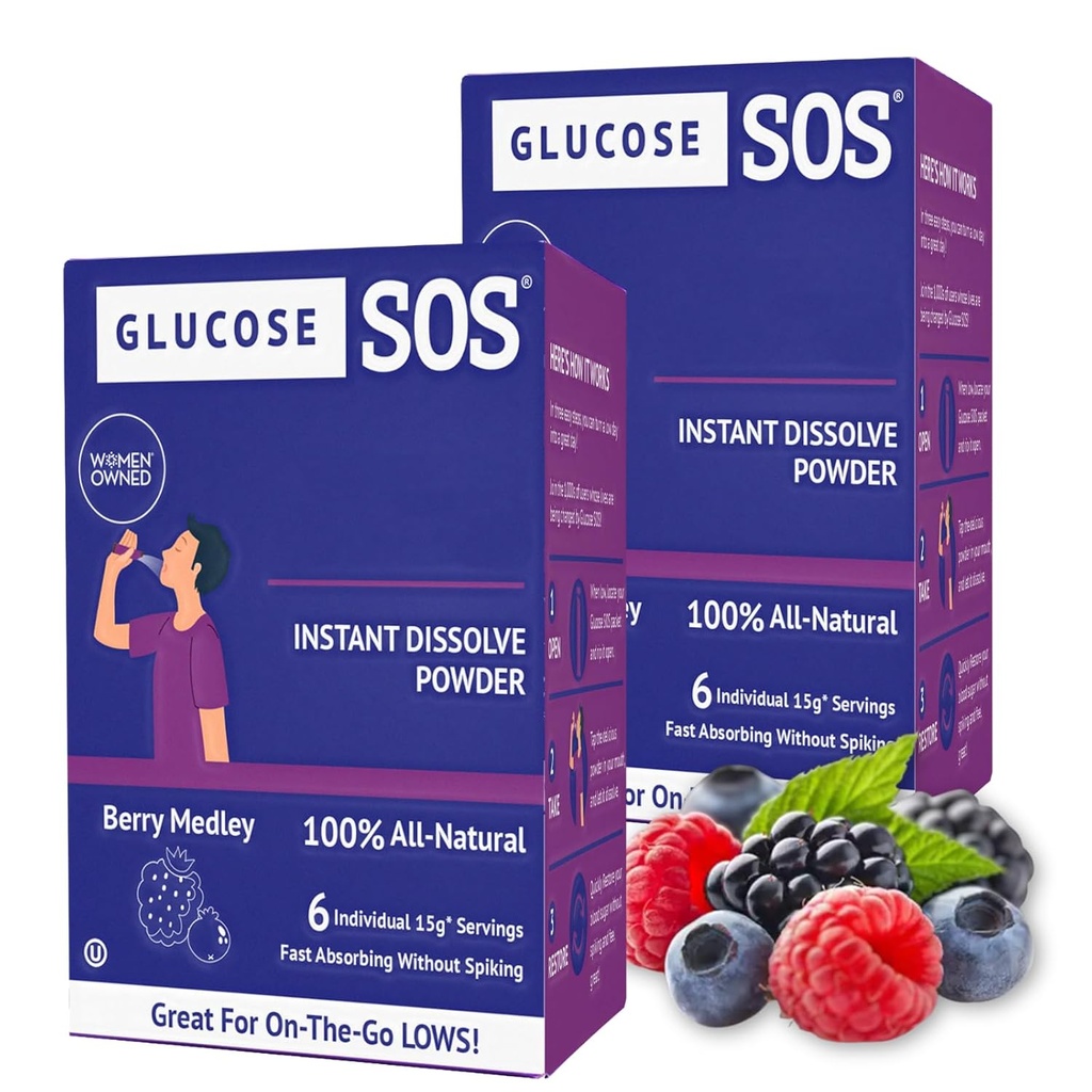 Glucose SOS Glucose Powder Pakninger med naturlige Dextrose, Fast- Absorption At øjeblikkelig opløses i din mund med ingen vand påkrævet, Berry Medley 12 Serveringer