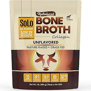 Solo Bone Broth protein kollagen pulver lavt natrium, 16g hydrolyseret kollagen type I & III, for sund hud, negle, hår, Joints & fordøjelse, Græs Fed, 1 LB (Bag - Net Wt. 1 LB. Pulver)