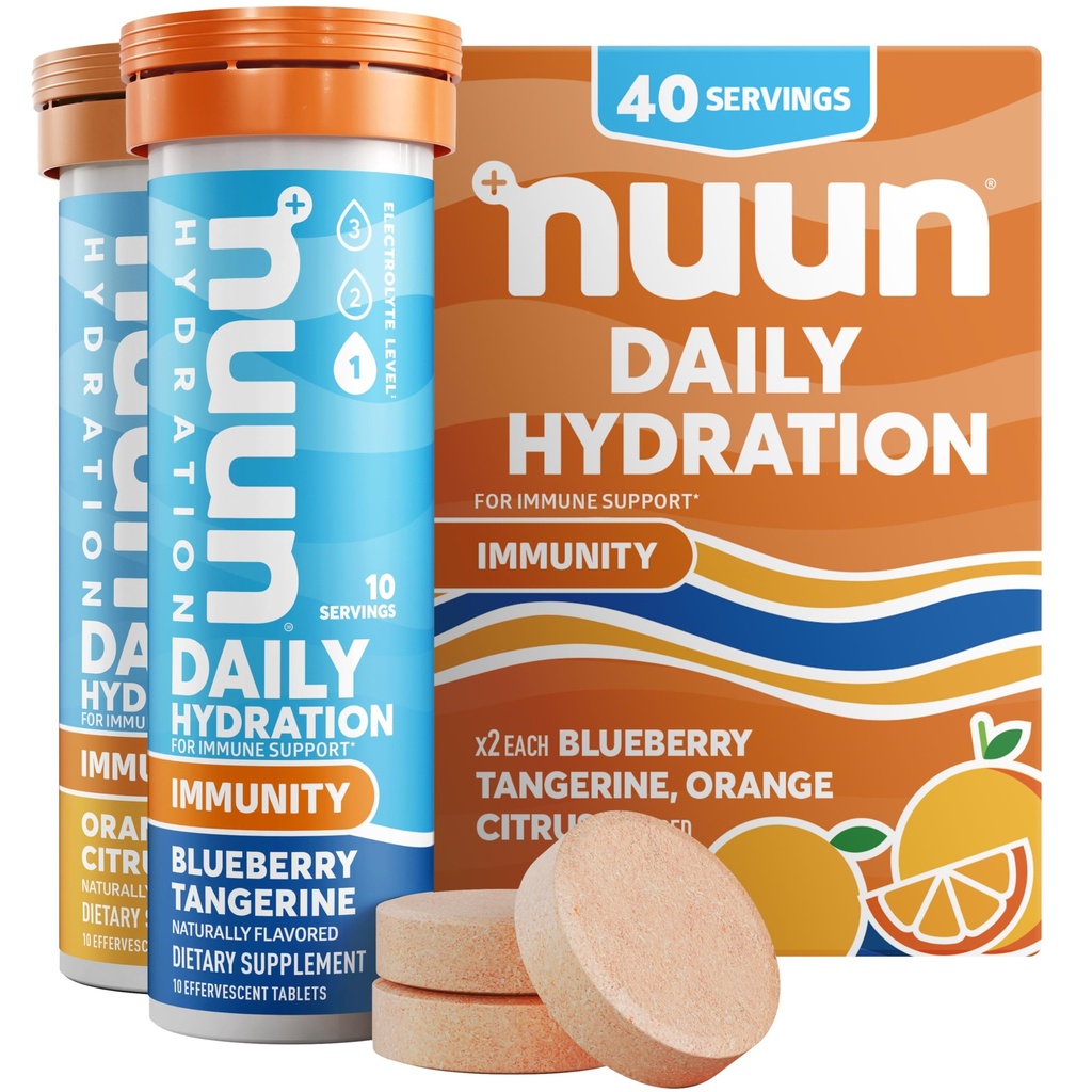 Nuun Immunity Electrolyte Tablets with Vitamin D, C, E, & A, Ingefær, Elderberry, Magnesium & 4 Andre essentielle elektrolytter, Vegan, Blåbær Tangerin & Orange Citrus, 4 Pack (40 Servere i alt)