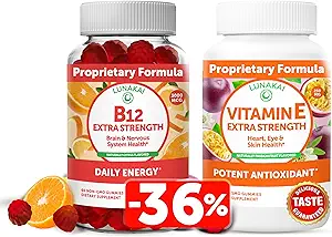 Lunakai Vitamin B12 og E-vitamin Gummies Bundle - 3000 mcg Gummies til voksne Energistøtte og Knoglesundhed - 250 mg 1000 iu naturlige VIT E Plus C Kosttilskud