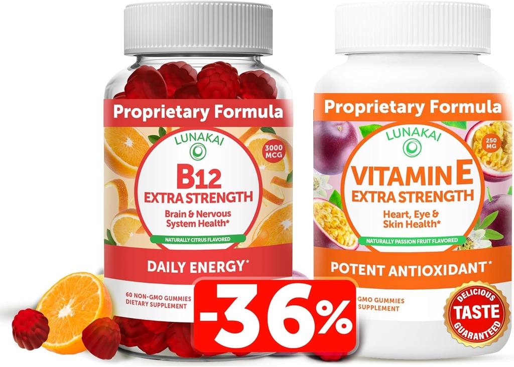 Lunakai Vitamin B12 og E-vitamin Gummies Bundle - 3000 mcg Gummies til voksne Energistøtte og Knoglesundhed - 250 mg 1000 iu naturlige VIT E Plus C Kosttilskud