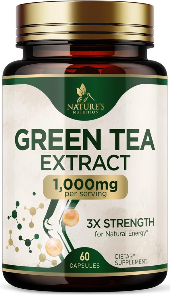 Green Tea Extract kapsler 1000 mg - Standardiseret 45% EGCG & 98% Polyphenoler - 3X Styrke Green Tea Pills for Natural Energy - Understøtter hjerte sundhed, urte supplement, Vegan, non-GMO - 60 kapsler