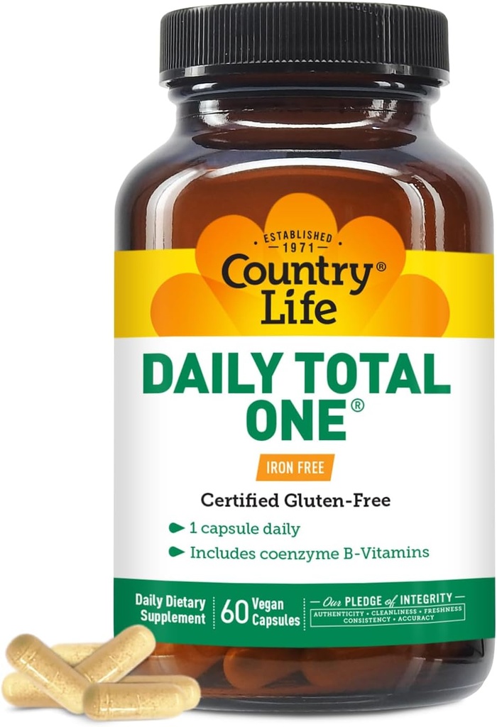 Country Life Daily Total One Multivitamin, Jernfri En gang om dagen Multivitamin & Multimineral Complex, Vitamin A, C, D, herunder Coenzym B- Vitamin, Understøtter energi Metabolisme, 60 Veganske kapsler